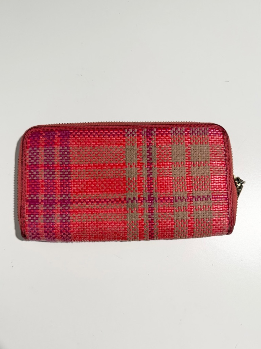 Tory Burch Red Woven Zip Wallet Plaid - Picture 2 of 6